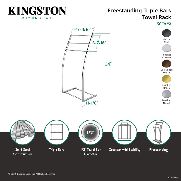 Kingston Brass SCC8257 Edenscape 34" Freestanding Pedestal 3-Tier Towel Rack, Brushed Brass
