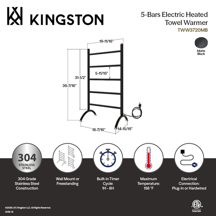 Kingston Brass TWW3720MB Templeton Freestanding/Wall Mount Hardwired or Plug-In Towel Warmer, Matte Black
