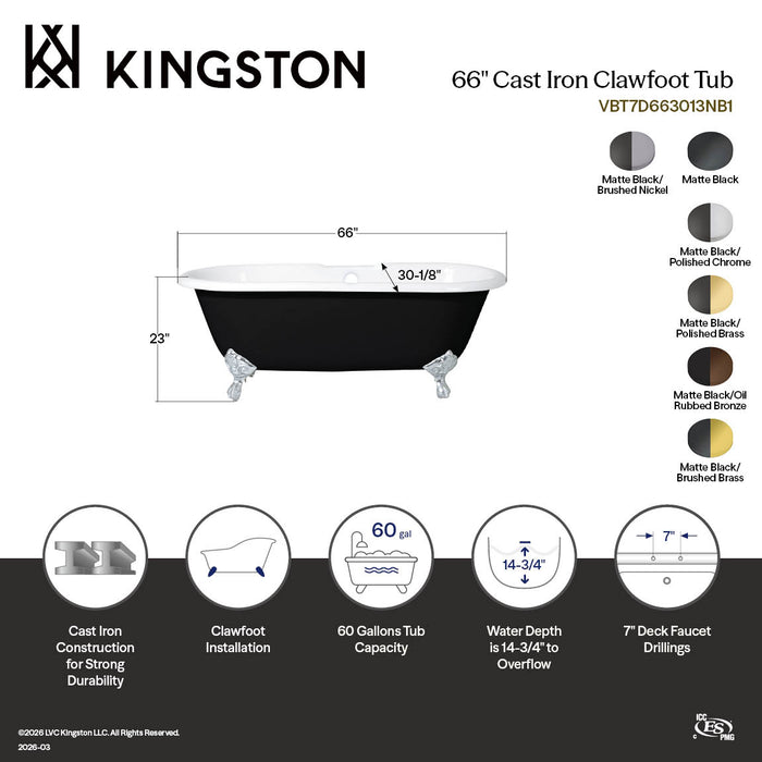 Aqua Eden VBT7D663013NB5 66" Cast Iron Oval Double Ended Clawfoot Tub (7" Faucet Drillings), Black/White/Oil Rubbed Bronze