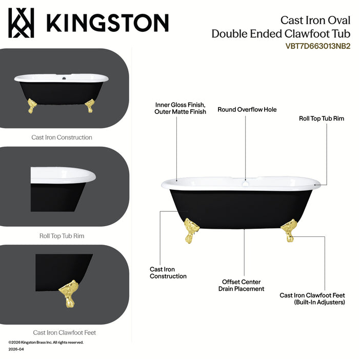 Aqua Eden VBT7D663013NB7 66" Cast Iron Oval Double Ended Clawfoot Tub (7" Faucet Drillings), Black/White/Brushed Brass