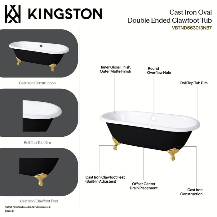 Aqua Eden VBTND663013NB7 66" Cast Iron Oval Double Ended Clawfoot Tub (No Faucet Drillings), Black/White/Brushed Brass