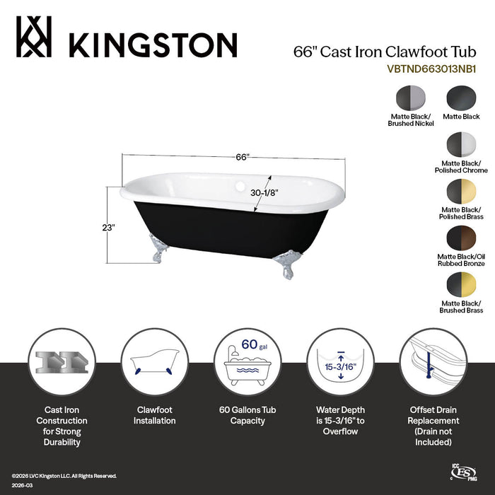 Aqua Eden VBTND663013NB7 66" Cast Iron Oval Double Ended Clawfoot Tub (No Faucet Drillings), Black/White/Brushed Brass