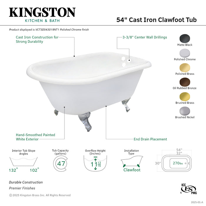 Aqua Eden VCT3D543019NT5 54" Cast Iron Oval Rectangular Roll Top Clawfoot Tub (3-3/8" Wall Drillings), White/Oil Rubbed Bronze