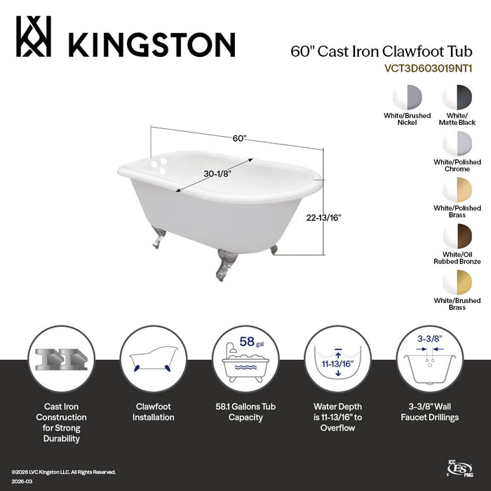 Aqua Eden VCT3D603019NT8 60" Cast Iron Oval Rectangular Roll Top Clawfoot Tub (3-3/8" Wall Drillings), White/Brushed Nickel