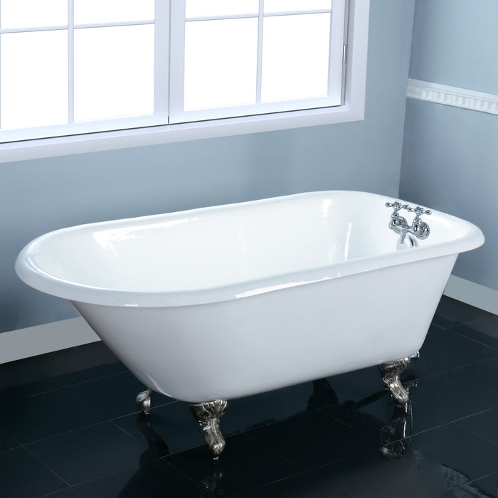 Aqua Eden VCT3D603019NT8 60" Cast Iron Oval Rectangular Roll Top Clawfoot Tub (3-3/8" Wall Drillings), White/Brushed Nickel