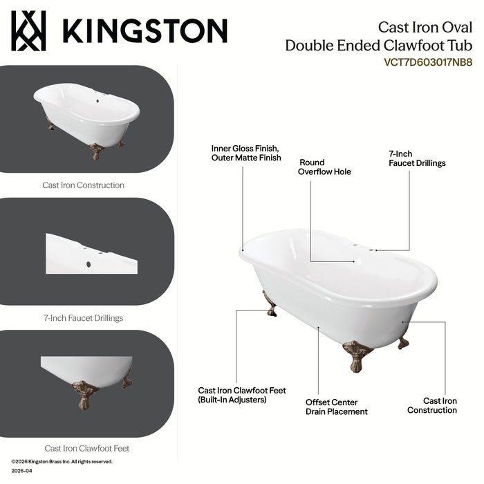 Aqua Eden VCT7D603017NB7 60" Cast Iron Oval Double Ended Clawfoot Tub (7" Faucet Drillings), White/Brushed Brass
