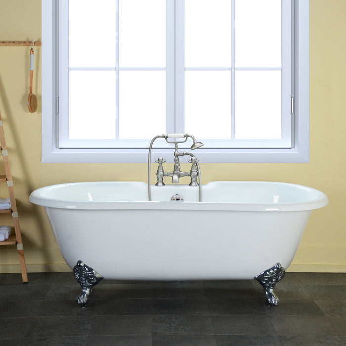Aqua Eden VCT7D663013NB1 66" Cast Iron Oval Double Ended Clawfoot Tub (7" Faucet Drillings), White/Polished Chrome