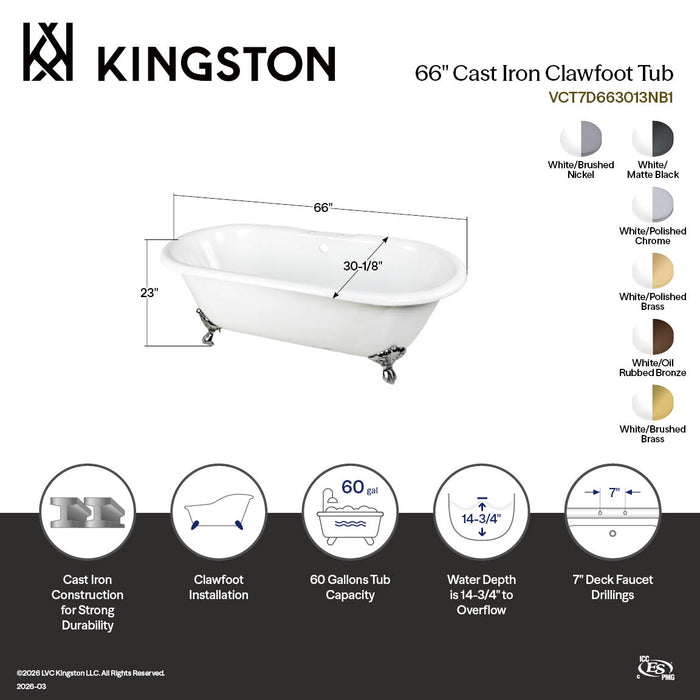 Aqua Eden VCT7D663013NB5 66" Cast Iron Oval Double Ended Clawfoot Tub (7" Faucet Drillings), White/Oil Rubbed Bronze