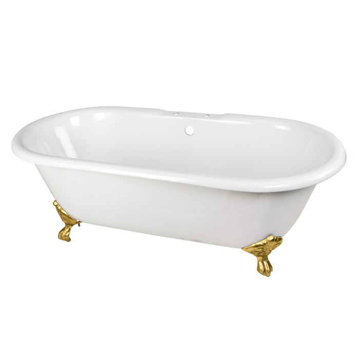 Aqua Eden VCT7D663013NB7 66" Cast Iron Oval Double Ended Clawfoot Tub (7" Faucet Drillings), White/Brushed Brass