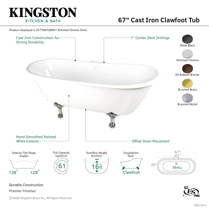Aqua Eden VCT7D6728NH7 67" Cast Iron Oval Double Slipper Clawfoot Tub (7" Faucet Drillings), White/Brushed Brass
