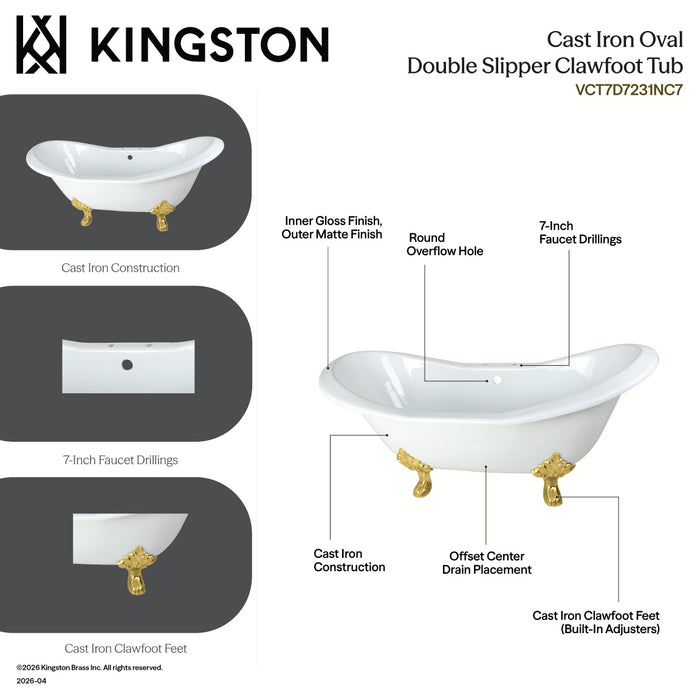 Aqua Eden VCT7D7231NC7 72" Cast Iron Oval Double Slipper Clawfoot Tub (7" Faucet Drillings), White/Brushed Brass