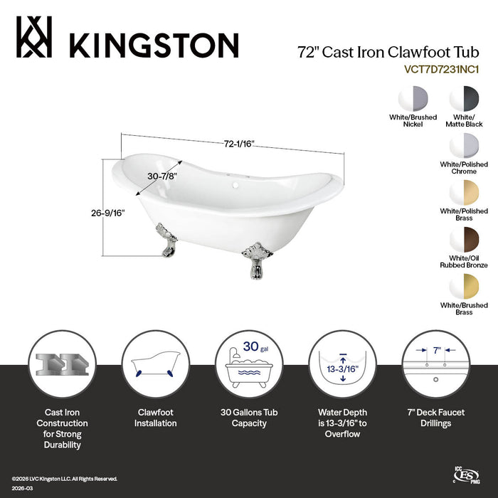 Aqua Eden VCT7D7231NC7 72" Cast Iron Oval Double Slipper Clawfoot Tub (7" Faucet Drillings), White/Brushed Brass