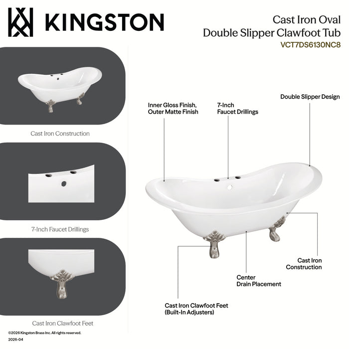 Aqua Eden VCT7DS6130NC7 61" Cast Iron Oval Double Slipper Clawfoot Tub (7" Faucet Drillings), White/Brushed Brass
