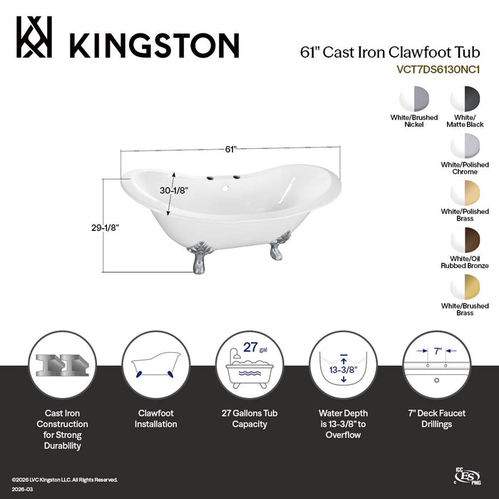 Aqua Eden VCT7DS6130NC7 61" Cast Iron Oval Double Slipper Clawfoot Tub (7" Faucet Drillings), White/Brushed Brass