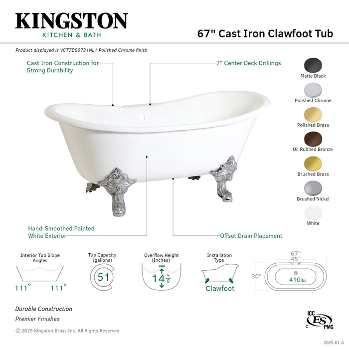 Aqua Eden VCT7DS6731NL5 67" Cast Iron Oval Double Slipper Clawfoot Tub (7" Faucet Drillings), White/Oil Rubbed Bronze