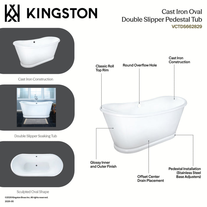 Kingston Brass VCTDS662829 66" Cast Iron Oval Double Slipper Pedestal Tub (No Faucet Drillings), White