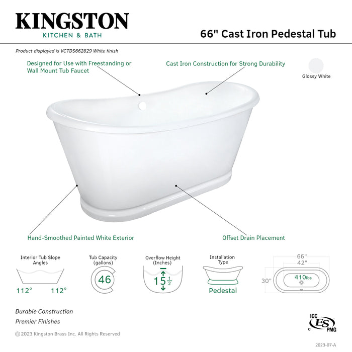 Kingston Brass VCTDS662829 66" Cast Iron Oval Double Slipper Pedestal Tub (No Faucet Drillings), White