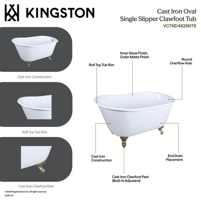 Aqua Eden VCTND4828NT8 48" Cast Iron Oval Single Slipper Clawfoot Tub (No Faucet Drillings), White/Brushed Nickel