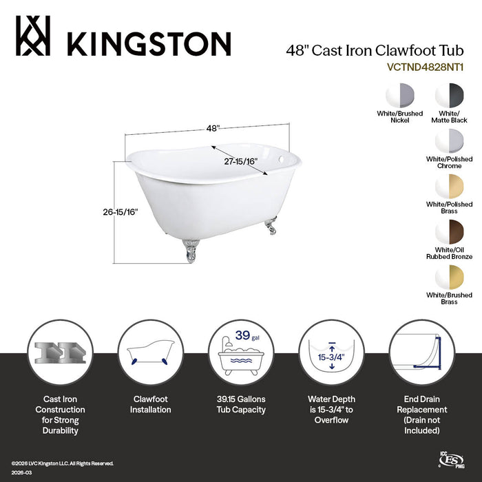 Aqua Eden VCTND4828NT8 48" Cast Iron Oval Single Slipper Clawfoot Tub (No Faucet Drillings), White/Brushed Nickel
