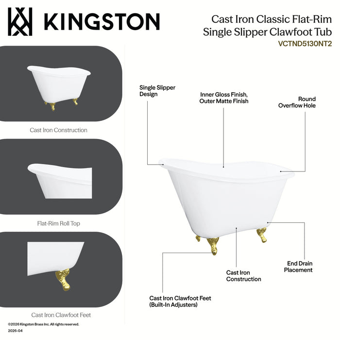 Aqua Eden VCTND5130NT7 51" Cast Iron Classic Flat-Rim Single Slipper Clawfoot Tub (No Faucet Drillings), White/Brushed Brass