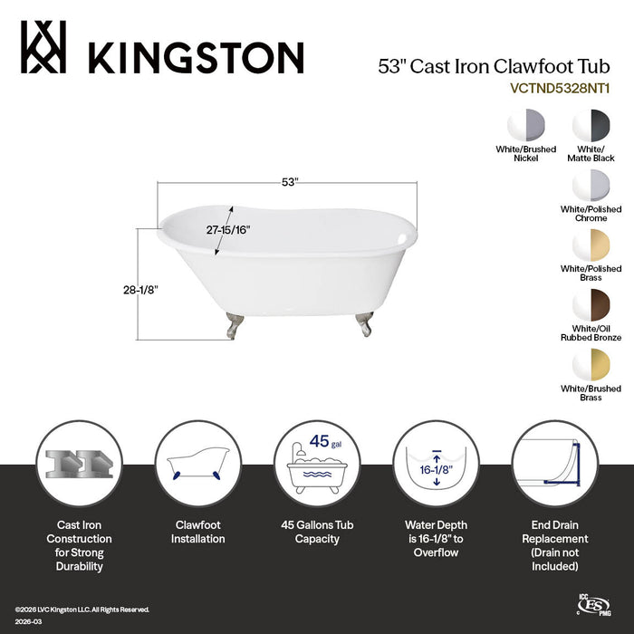 Aqua Eden VCTND5328NT8 53" Cast Iron Oval Single Slipper Clawfoot Tub (No Faucet Drillings), White/Brushed Nickel