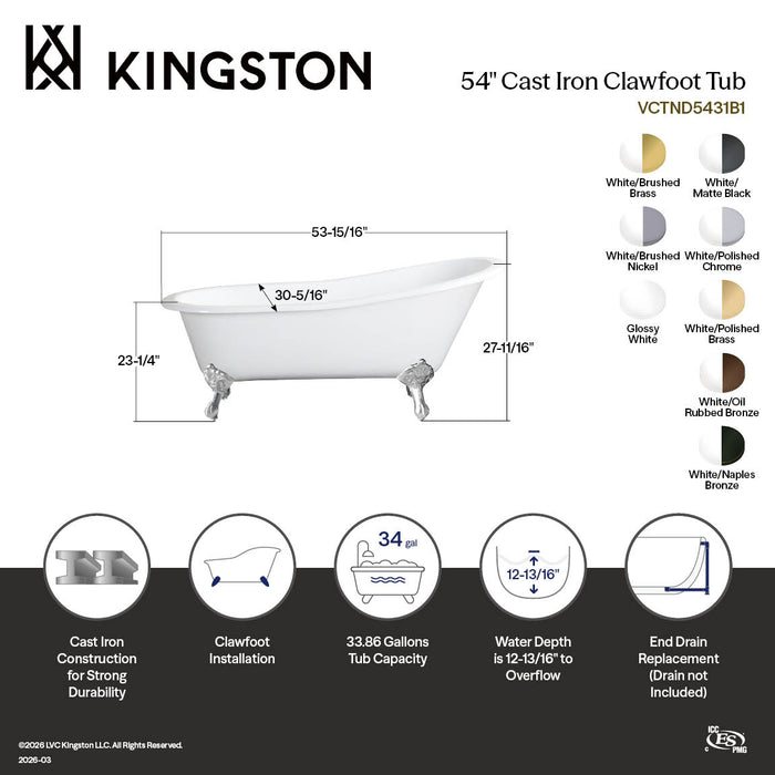 Aqua Eden VCTND5431B8 54" Cast Iron Oval Single Slipper Clawfoot Tub (No Faucet Drillings), White/Brushed Nickel