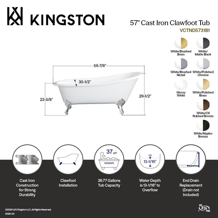 Aqua Eden VCTND5731B0 57" Cast Iron Oval Single Slipper Clawfoot Tub (No Faucet Drillings), White/Matte Black