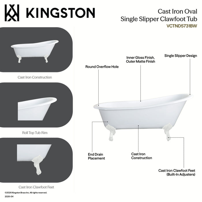 Aqua Eden VCTND5731B7 57" Cast Iron Oval Single Slipper Clawfoot Tub (No Faucet Drillings), White/Brushed Brass
