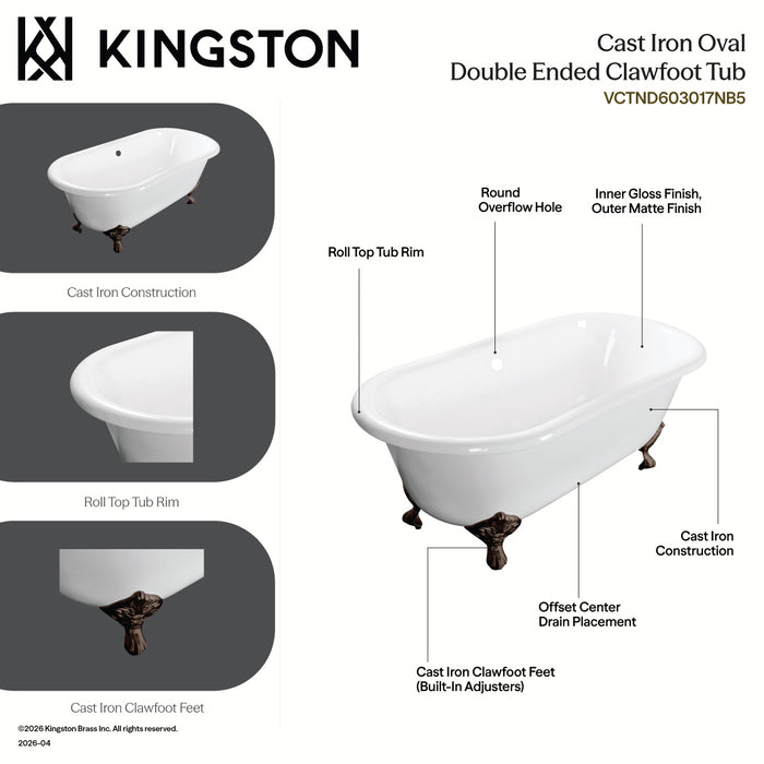 Aqua Eden VCTND603017NB7 60" Cast Iron Oval Double Ended Clawfoot Tub (No Faucet Drillings), White/Brushed Brass