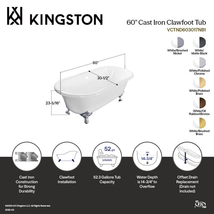 Aqua Eden VCTND603017NB7 60" Cast Iron Oval Double Ended Clawfoot Tub (No Faucet Drillings), White/Brushed Brass