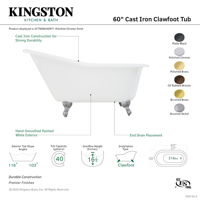Aqua Eden VCTND6030NT0 60" Cast Iron Oval Single Slipper Clawfoot Tub (No Faucet Drillings), White/Matte Black