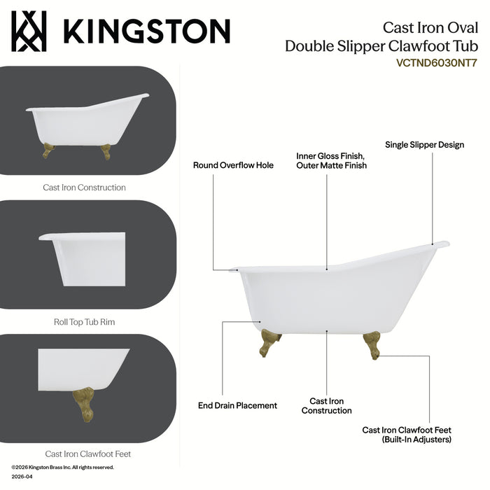 Aqua Eden VCTND6030NT2 60" Cast Iron Oval Single Slipper Clawfoot Tub (No Faucet Drillings), White/Polished Brass