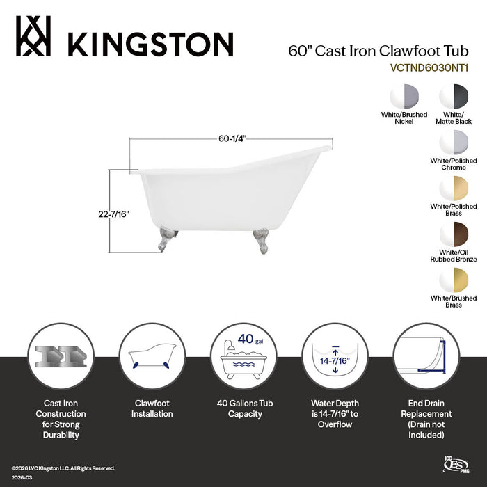 Aqua Eden VCTND6030NT2 60" Cast Iron Oval Single Slipper Clawfoot Tub (No Faucet Drillings), White/Polished Brass
