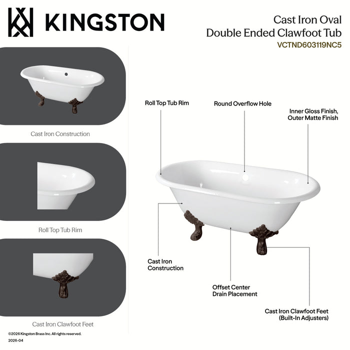 Aqua Eden VCTND603119NC7 60" Cast Iron Oval Double Ended Clawfoot Tub (No Faucet Drillings), White/Brushed Brass