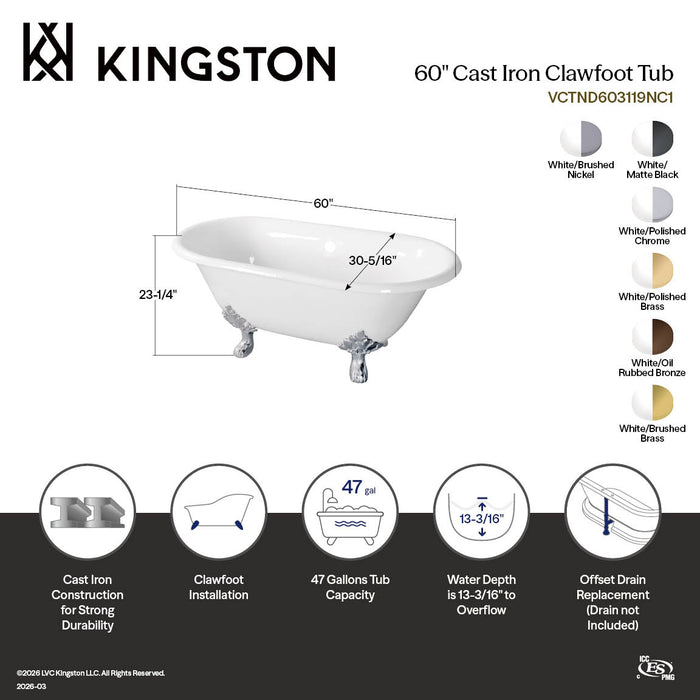 Aqua Eden VCTND603119NC7 60" Cast Iron Oval Double Ended Clawfoot Tub (No Faucet Drillings), White/Brushed Brass