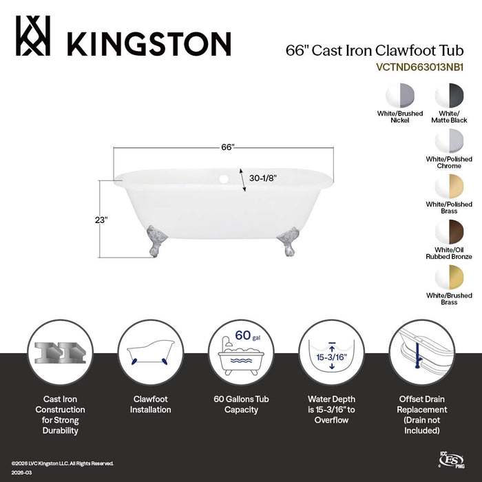 Aqua Eden VCTND663013NB5 66" Cast Iron Oval Double Ended Clawfoot Tub (No Faucet Drillings), White/Oil Rubbed Bronze