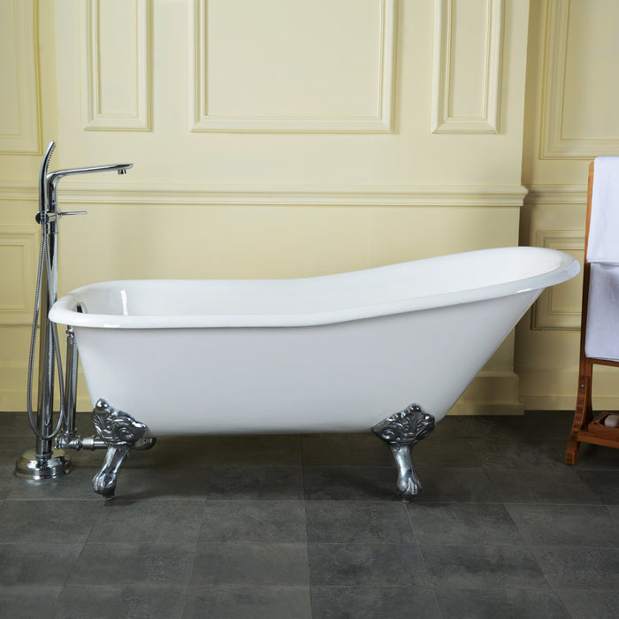 Aqua Eden VCTND6630NF1 67" Cast Iron Classic Flat-Rim Single Slipper Clawfoot Tub (No Faucet Drillings), White/Polished Chrome
