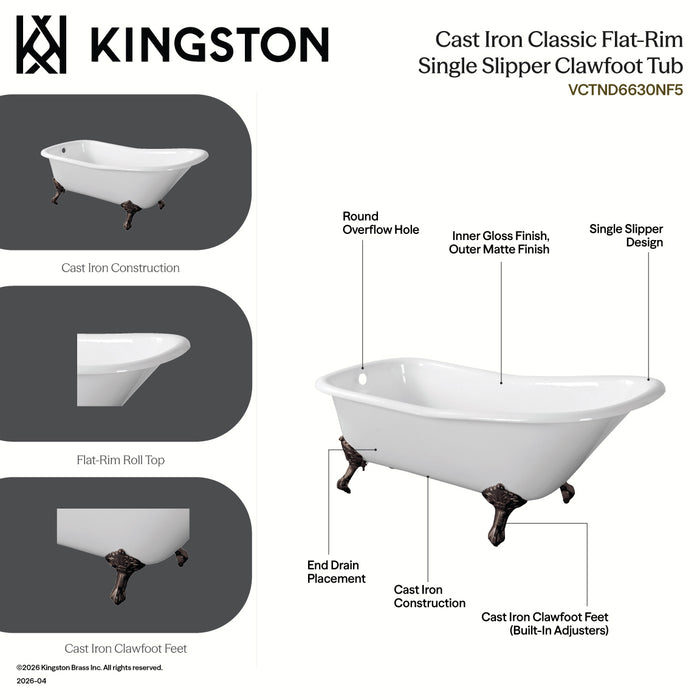 Aqua Eden VCTND6630NF8 67" Cast Iron Classic Flat-Rim Single Slipper Clawfoot Tub (No Faucet Drillings), White/Brushed Nickel