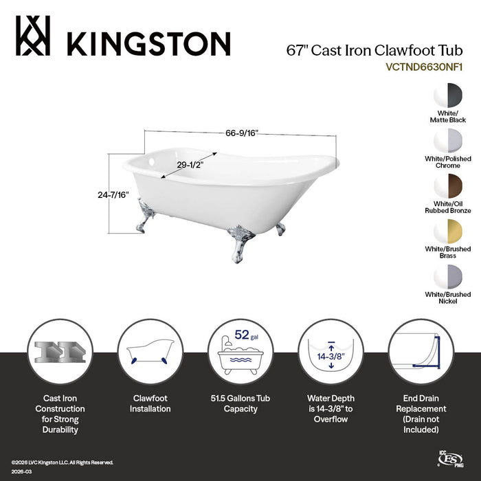 Aqua Eden VCTND6630NF8 67" Cast Iron Classic Flat-Rim Single Slipper Clawfoot Tub (No Faucet Drillings), White/Brushed Nickel