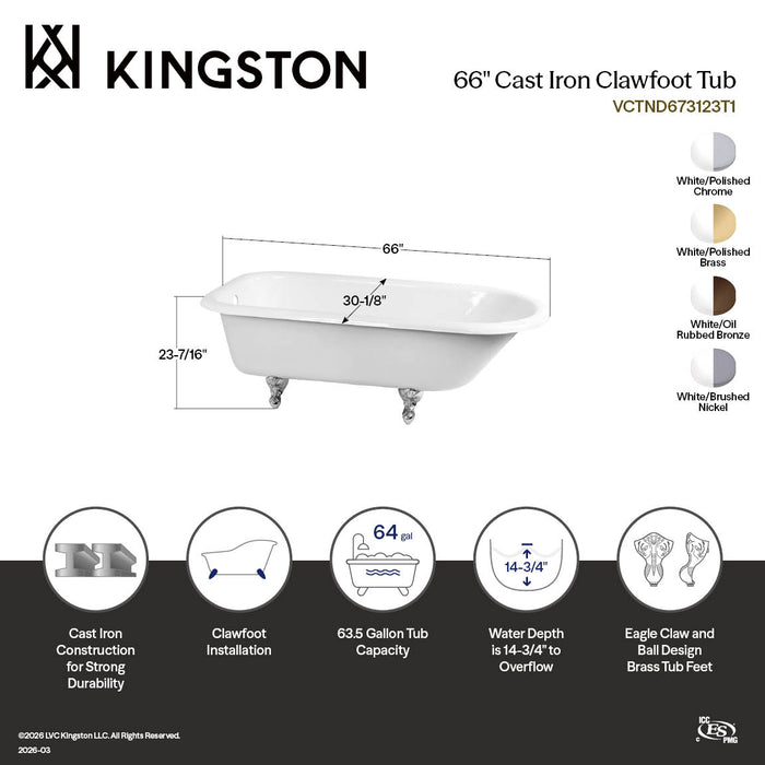 Aqua Eden VCTND673123T2 66" Cast Iron Oval Rectangular Roll Top Clawfoot Tub (No Faucet Drillings), White/Polished Brass