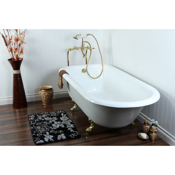 Aqua Eden VCTND673123T2 66" Cast Iron Oval Rectangular Roll Top Clawfoot Tub (No Faucet Drillings), White/Polished Brass