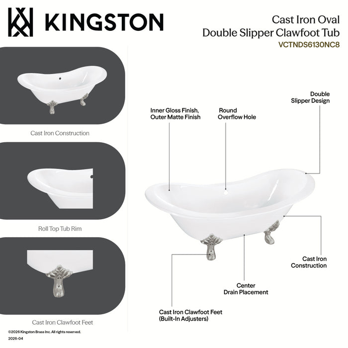 Aqua Eden VCTNDS6130NC2 61" Cast Iron Oval Double Slipper Clawfoot Tub (No Faucet Drillings), White/Polished Brass