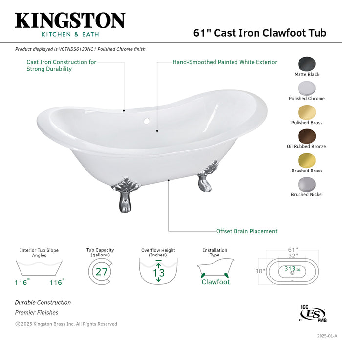 Aqua Eden VCTNDS6130NC8 61" Cast Iron Oval Double Slipper Clawfoot Tub (No Faucet Drillings), White/Brushed Nickel