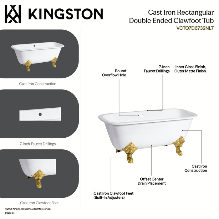 Aqua Eden VCTQ7D6732NL7 67" Cast Iron Rectangular Double Ended Clawfoot Tub (7" Faucet Drillings), White/Brushed Brass