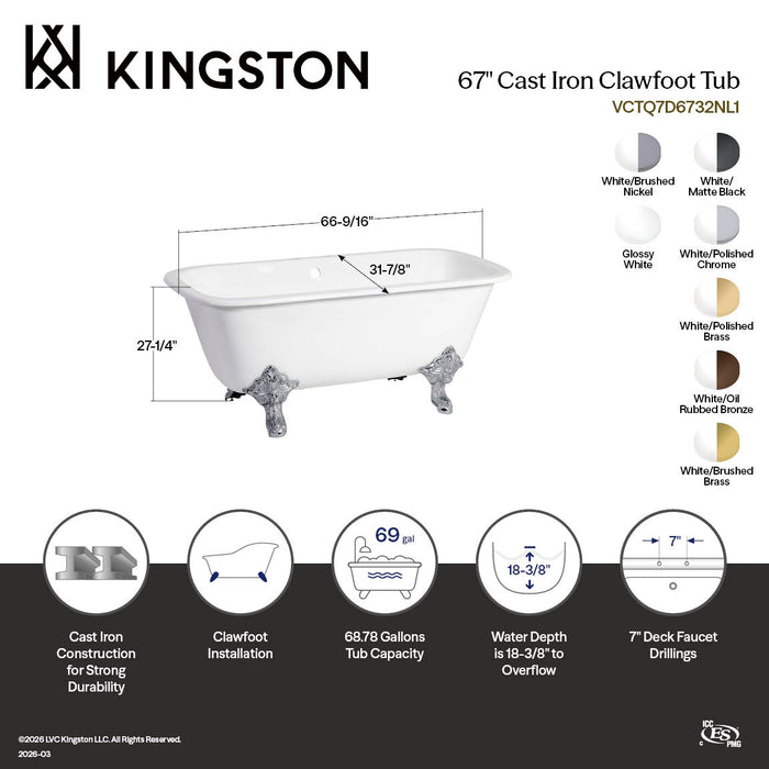 Aqua Eden VCTQ7D6732NL7 67" Cast Iron Rectangular Double Ended Clawfoot Tub (7" Faucet Drillings), White/Brushed Brass