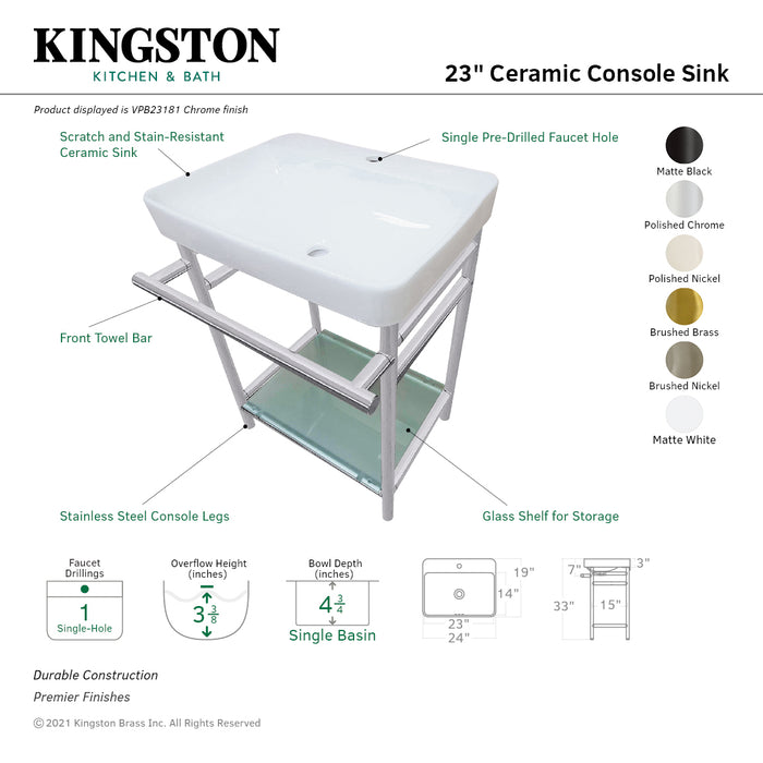 Kingston Brass VPB23186 Sheridan 23" Ceramic Console Sink with Stainless Steel Legs and Glass Shelf (1-Hole), White/Polished Nickel