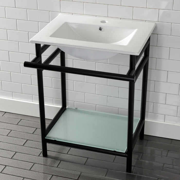 Kingston Brass VPB24187W10 Sheridan 24" Ceramic Console Sink with Stainless Steel Legs and Glass Shelf (1-Hole), White/Matte Black