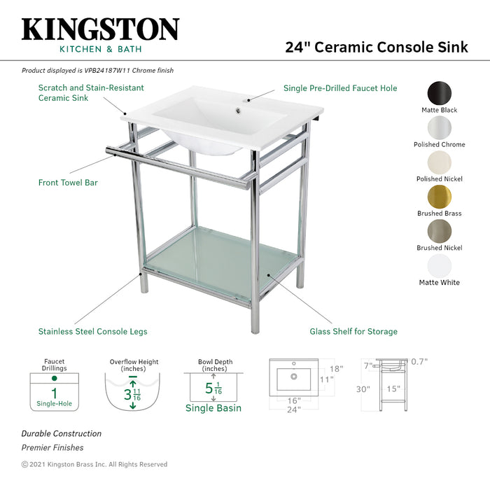 Kingston Brass VPB24187W16 Sheridan 24" Ceramic Console Sink with Stainless Steel Legs and Glass Shelf (1-Hole), White/Polished Nickel