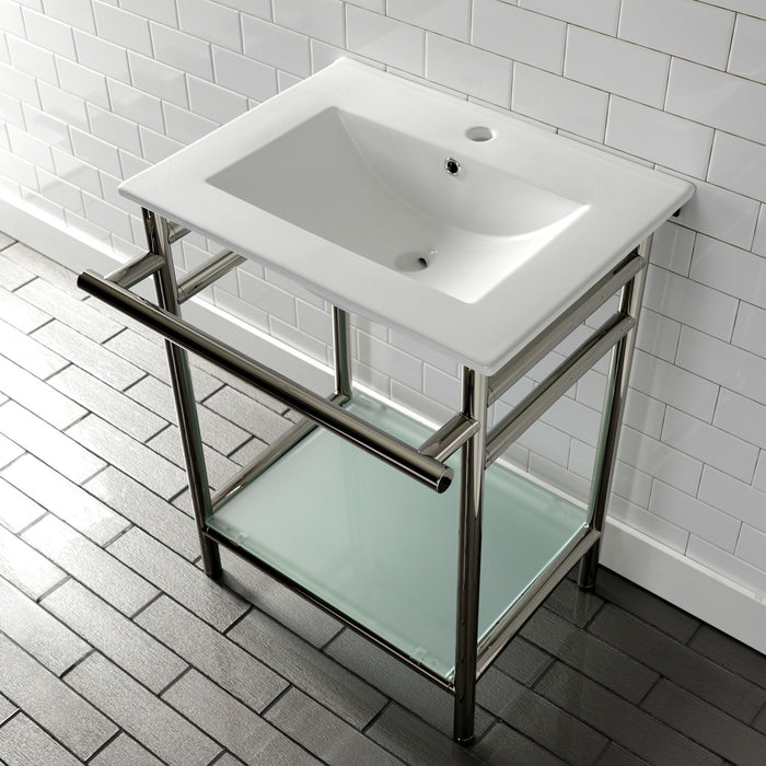 Kingston Brass VPB24187W16 Sheridan 24" Ceramic Console Sink with Stainless Steel Legs and Glass Shelf (1-Hole), White/Polished Nickel