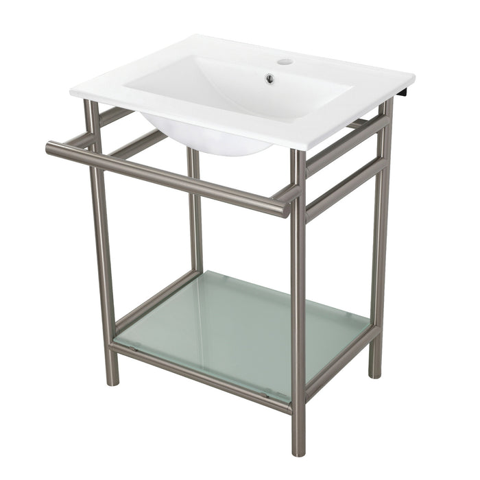 Kingston Brass VPB24187W18 Sheridan 24" Ceramic Console Sink with Stainless Steel Legs and Glass Shelf (1-Hole), White/Brushed Nickel